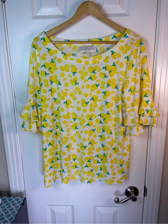 Pappagallo Tops - Kensie Yellow Lemon-Pattern Ruffle Sleeve Blouse